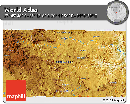 Physical 3D Map of the Area around 27° 29' 28" S, 30° 40' 29" E