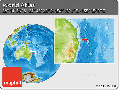 Physical Location Map of the Area around 27° 58' 39" S, 154° 46' 30" E