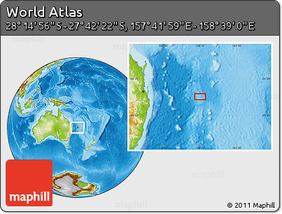 Physical Location Map of the Area around 27° 58' 39" S, 158° 10' 30" E