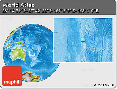 Physical Location Map of the Area around 27° 58' 39" S, 167° 31' 30" E