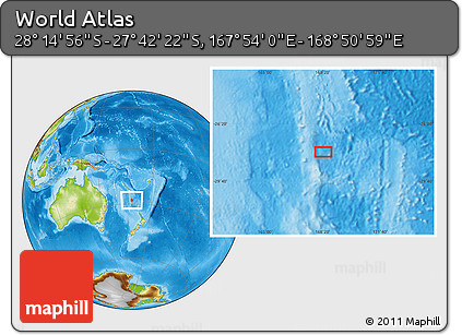 Physical Location Map of the Area around 27° 58' 39" S, 168° 22' 30" E