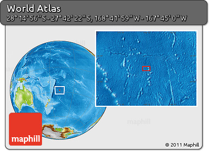Physical Location Map of the Area around 27° 58' 39" S, 168° 13' 29" W