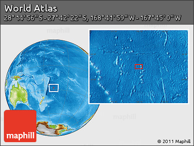 Physical Location Map of the Area around 27° 58' 39" S, 168° 13' 29" W