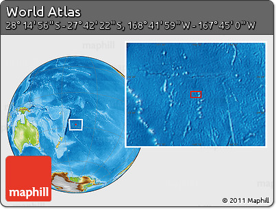 Physical Location Map of the Area around 27° 58' 39" S, 168° 13' 29" W
