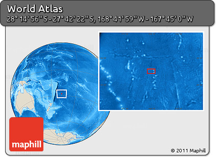 Shaded Relief Location Map of the Area around 27° 58' 39" S, 168° 13' 29" W