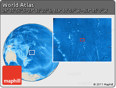 Shaded Relief Location Map of the Area around 27° 58' 39" S, 168° 13' 29" W