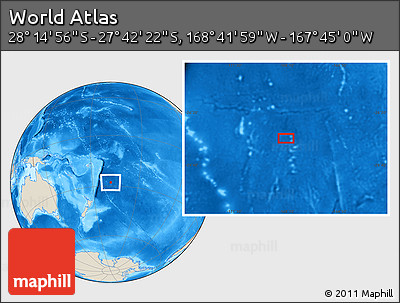 Shaded Relief Location Map of the Area around 27° 58' 39" S, 168° 13' 29" W