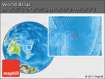 Physical Location Map of the Area around 27° 58' 39" S, 175° 10' 30" E