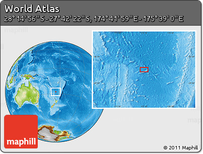 Physical Location Map of the Area around 27° 58' 39" S, 175° 10' 30" E