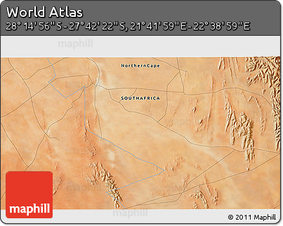 Satellite 3D Map of the Area around 27° 58' 39" S, 22° 10' 29" E