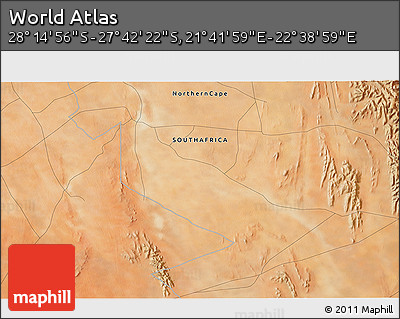 Satellite 3D Map of the Area around 27° 58' 39" S, 22° 10' 29" E