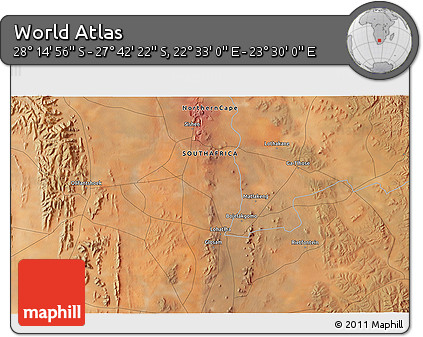 Satellite 3D Map of the Area around 27° 58' 39" S, 23° 1' 29" E