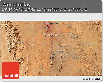 Satellite 3D Map of the Area around 27° 58' 39" S, 23° 1' 29" E