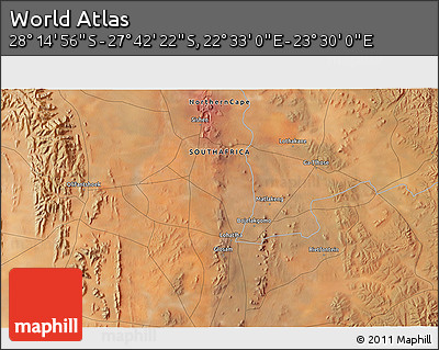 Satellite 3D Map of the Area around 27° 58' 39" S, 23° 1' 29" E