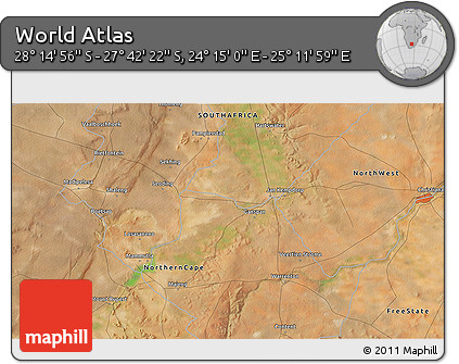 Satellite 3D Map of the Area around 27° 58' 39" S, 24° 43' 30" E