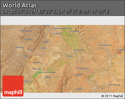 Satellite 3D Map of the Area around 27° 58' 39" S, 24° 43' 30" E