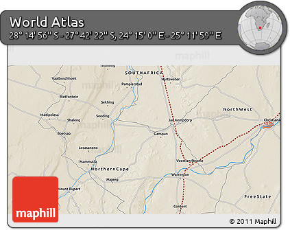 Shaded Relief 3D Map of the Area around 27° 58' 39" S, 24° 43' 30" E