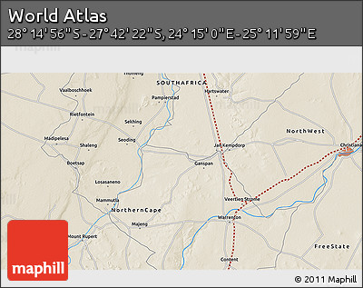 Shaded Relief 3D Map of the Area around 27° 58' 39" S, 24° 43' 30" E