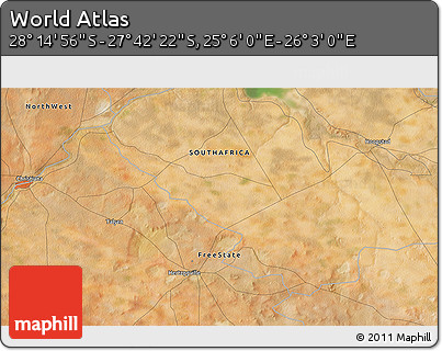 Satellite 3D Map of the Area around 27° 58' 39" S, 25° 34' 30" E