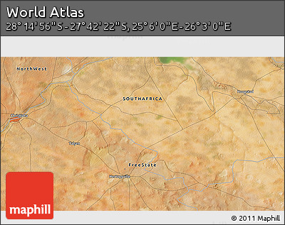Satellite 3D Map of the Area around 27° 58' 39" S, 25° 34' 30" E