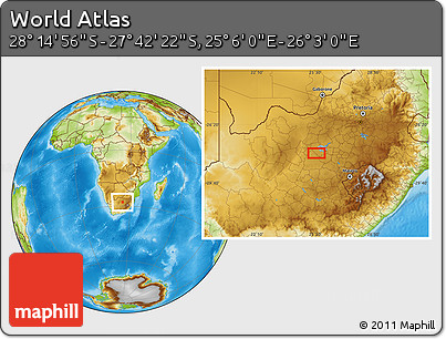 Physical Location Map of the Area around 27° 58' 39" S, 25° 34' 30" E