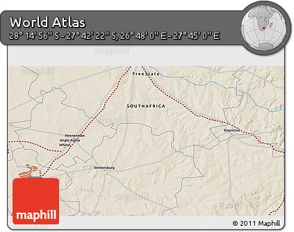 Shaded Relief 3D Map of the Area around 27° 58' 39" S, 27° 16' 29" E