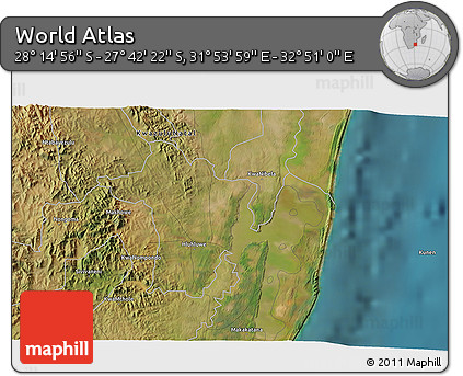 Satellite 3D Map of the Area around 27° 58' 39" S, 32° 22' 30" E
