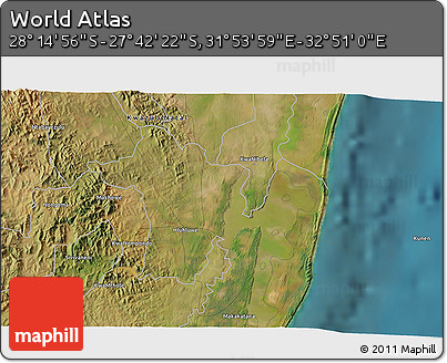 Satellite 3D Map of the Area around 27° 58' 39" S, 32° 22' 30" E