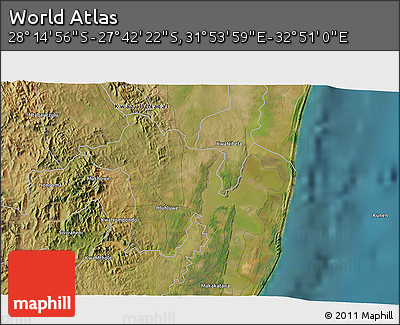 Satellite 3D Map of the Area around 27° 58' 39" S, 32° 22' 30" E