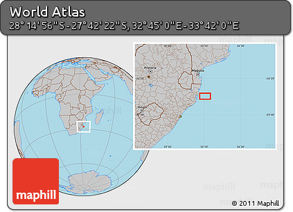 Gray Location Map of the Area around 27° 58' 39" S, 33° 13' 30" E