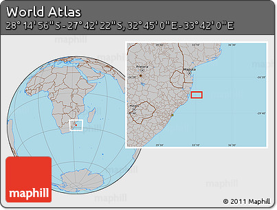 Gray Location Map of the Area around 27° 58' 39" S, 33° 13' 30" E