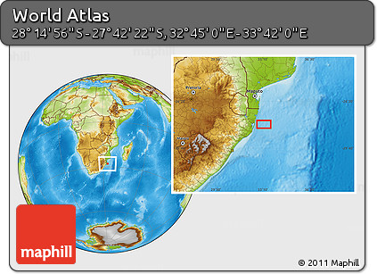 Physical Location Map of the Area around 27° 58' 39" S, 33° 13' 30" E