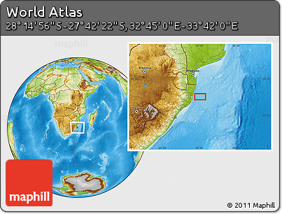 Physical Location Map of the Area around 27° 58' 39" S, 33° 13' 30" E