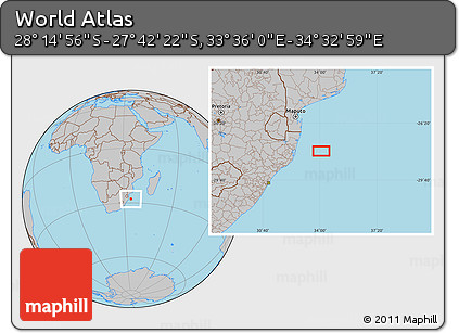 Gray Location Map of the Area around 27° 58' 39" S, 34° 4' 30" E