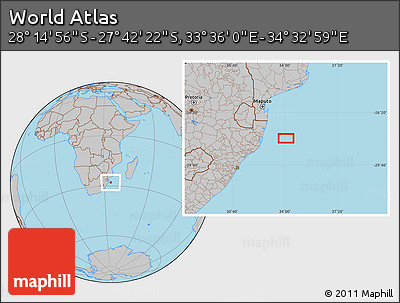 Gray Location Map of the Area around 27° 58' 39" S, 34° 4' 30" E