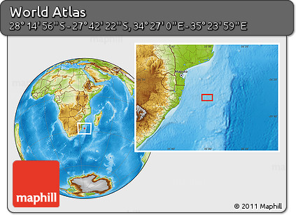 Physical Location Map of the Area around 27° 58' 39" S, 34° 55' 29" E