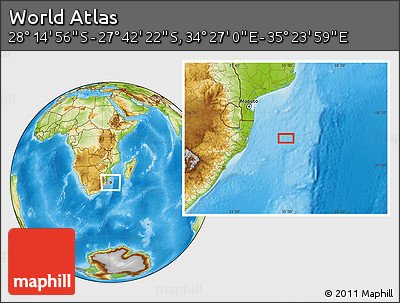 Physical Location Map of the Area around 27° 58' 39" S, 34° 55' 29" E