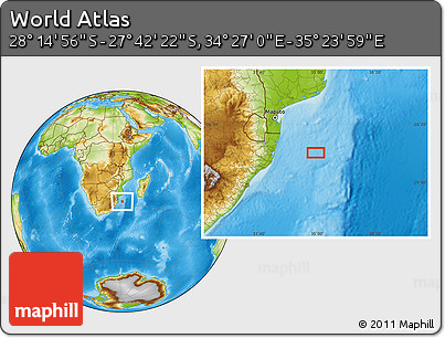 Physical Location Map of the Area around 27° 58' 39" S, 34° 55' 29" E