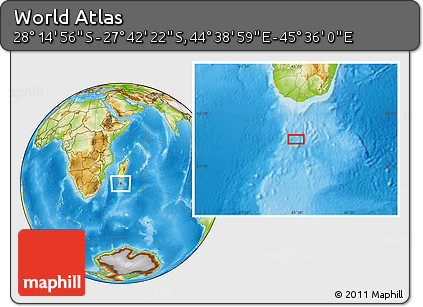 Physical Location Map of the Area around 27° 58' 39" S, 45° 7' 30" E