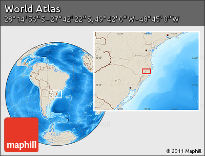 Shaded Relief Location Map of the Area around 27° 58' 39" S, 49° 13' 30" W