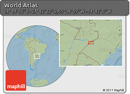 Savanna Style Location Map of the Area around 27° 58' 39" S, 55° 10' 29" W, hill shading