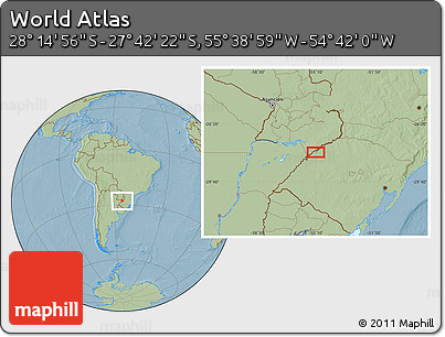 Savanna Style Location Map of the Area around 27° 58' 39" S, 55° 10' 29" W, hill shading