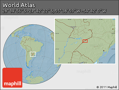 Savanna Style Location Map of the Area around 27° 58' 39" S, 55° 10' 29" W, hill shading