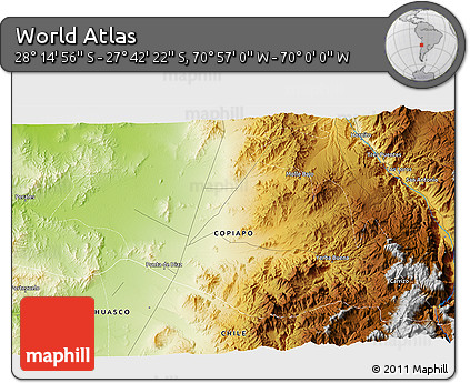 Physical 3D Map of the Area around 27° 58' 39" S, 70° 28' 29" W
