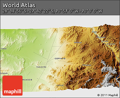 Physical 3D Map of the Area around 27° 58' 39" S, 70° 28' 29" W