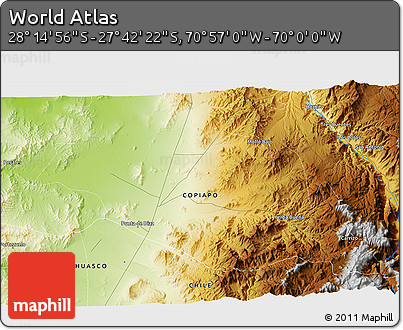 Physical 3D Map of the Area around 27° 58' 39" S, 70° 28' 29" W