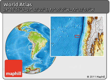 Physical Location Map of the Area around 27° 58' 39" S, 73° 1' 30" W