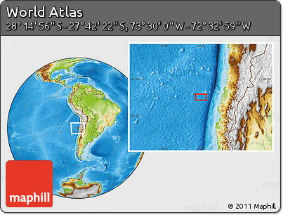 Physical Location Map of the Area around 27° 58' 39" S, 73° 1' 30" W