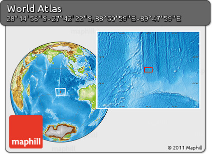 Physical Location Map of the Area around 27° 58' 39" S, 89° 19' 29" E
