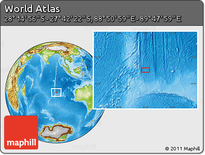 Physical Location Map of the Area around 27° 58' 39" S, 89° 19' 29" E